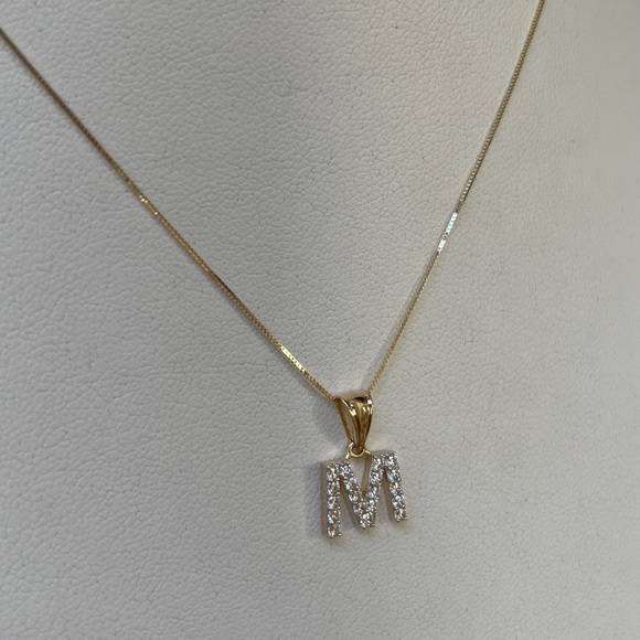 2pc set 14K Yellow Gold CZ M initial 16” inches 0.5mm Dainty Box chain necklace - Picture 6 of 12